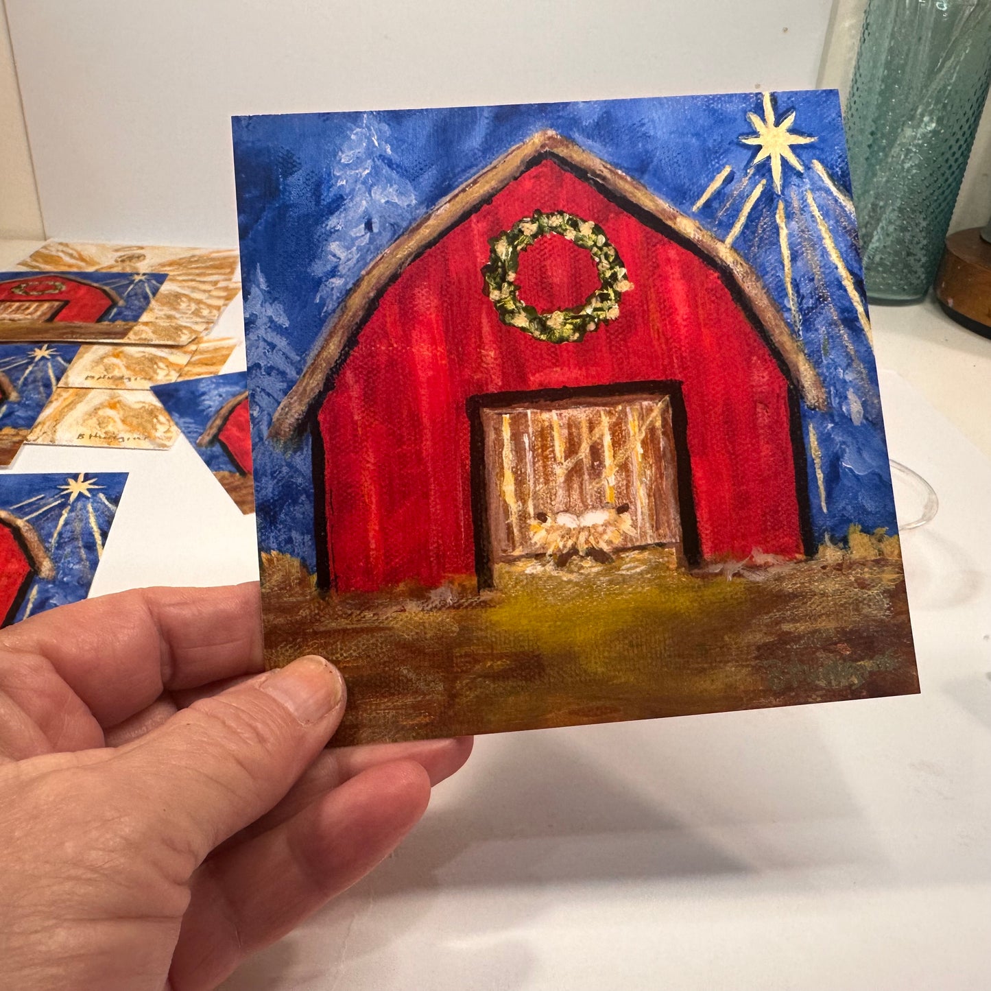 In a Manger – Rustic Nativity Barn Art Print, Hand-Embellished Christmas Decor