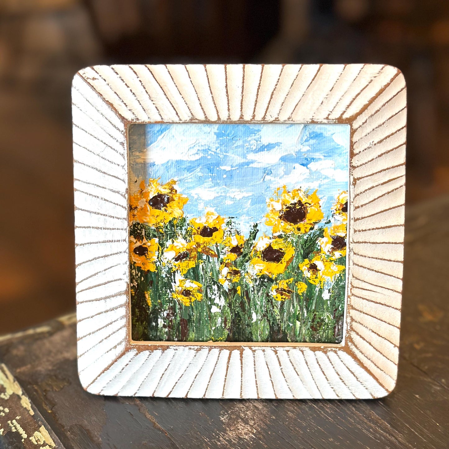 "Morning Light " Original Framed Sunflower Field Painting, 4x4