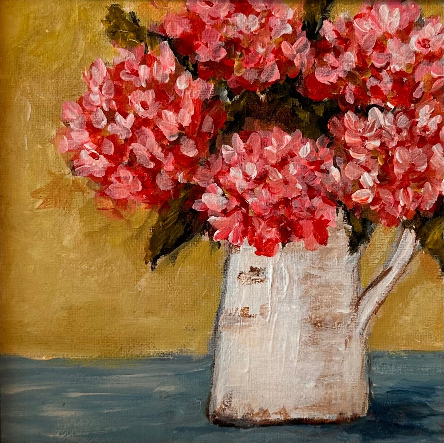 "Garden Porch Pink Hydrangea" Original Art On Canvas 5x5 With Frame