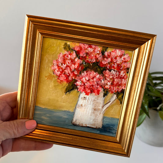 "Garden Porch Pink Hydrangea" Original Art On Canvas 5x5 With Frame