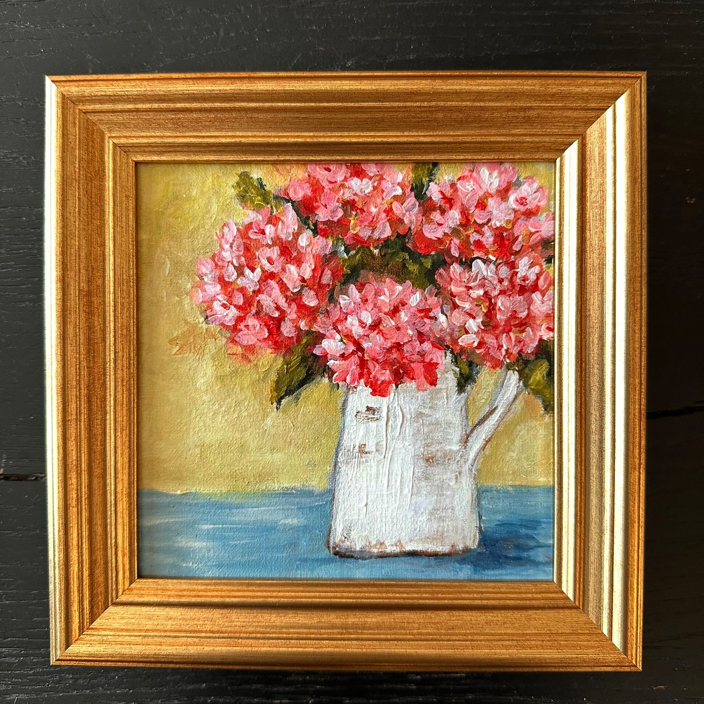 "Garden Porch Pink Hydrangea" Original Art On Canvas 5x5 With Frame