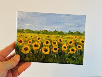 "Summer Skies " Original 5x7 Acrylic Sunflower Field Painting