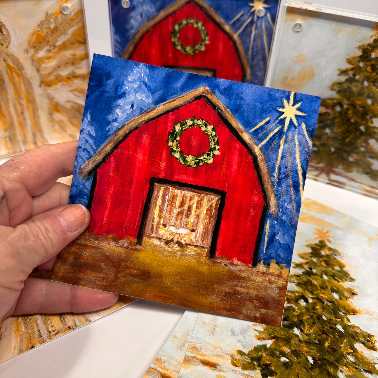 In a Manger – Rustic Nativity Barn Art Print, Hand-Embellished Christmas Decor