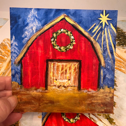 In a Manger – Rustic Nativity Barn Art Print, Hand-Embellished Christmas Decor