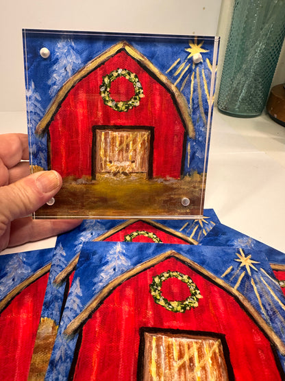 In a Manger – Rustic Nativity Barn Art Print, Hand-Embellished Christmas Decor