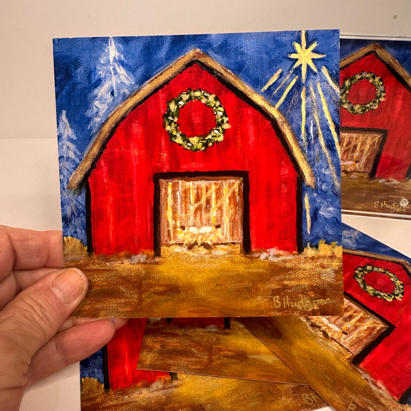 In a Manger – Rustic Nativity Barn Art Print, Hand-Embellished Christmas Decor