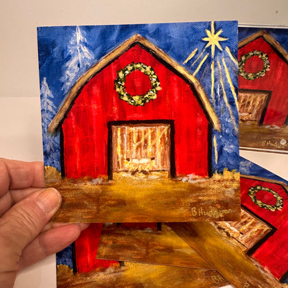 In a Manger – Rustic Nativity Barn Art Print, Hand-Embellished Christmas Decor
