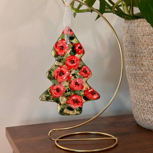 Hand Painted Tree Ornament - Red Roses