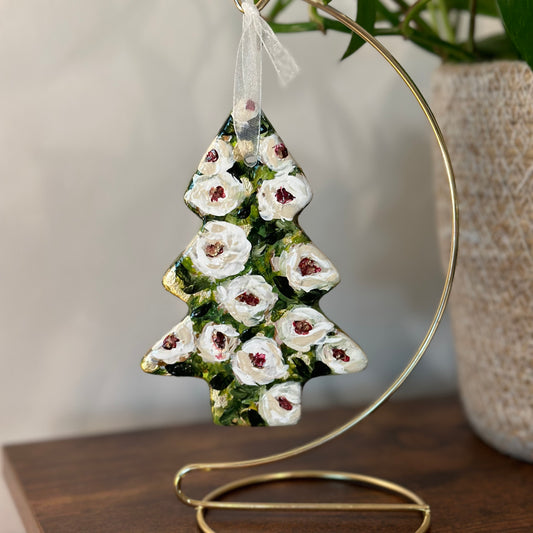 Hand Painted Tree Ornament - White Roses