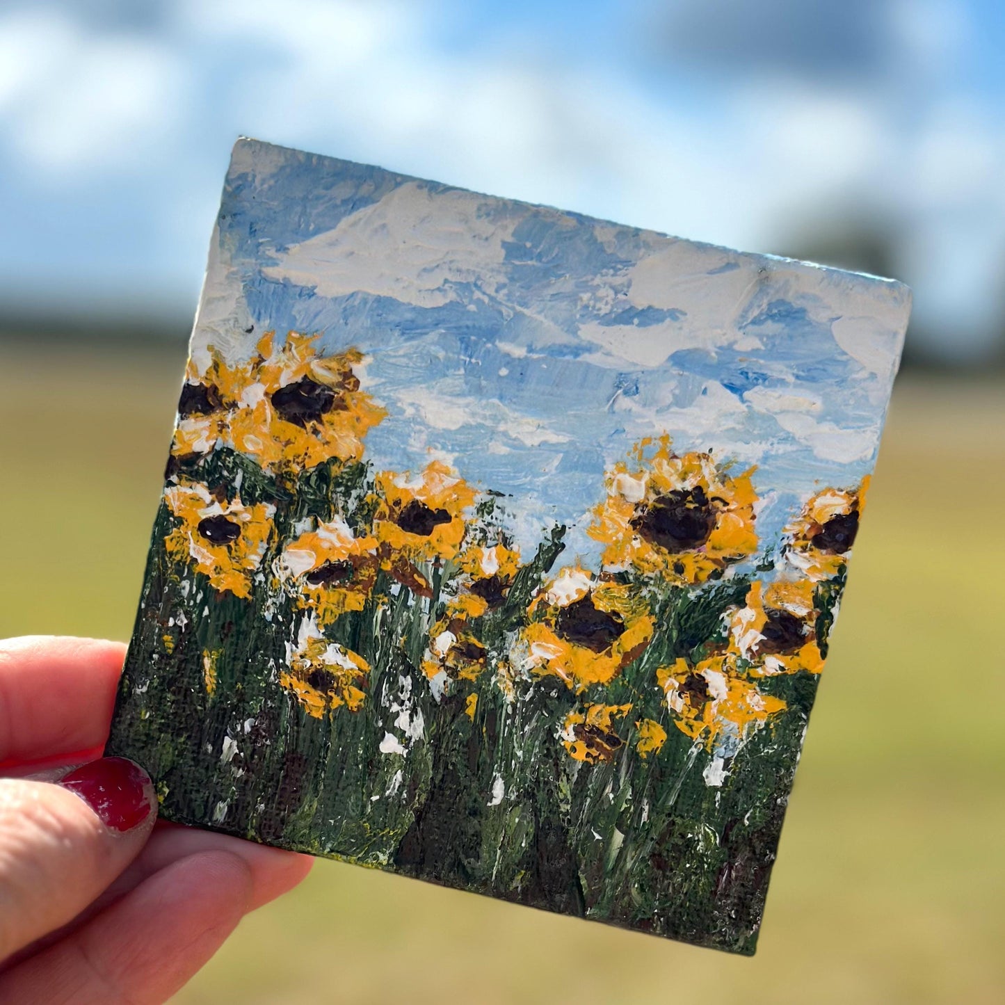 "Morning Light " Original Framed Sunflower Field Painting, 4x4