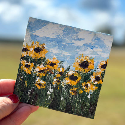 "Morning Light " Original Framed Sunflower Field Painting, 4x4