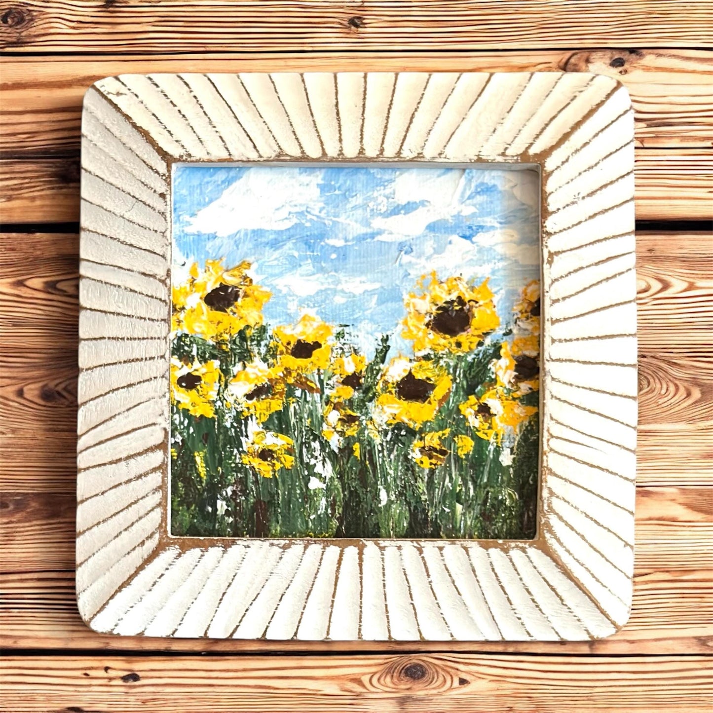 "Morning Light " Original Framed Sunflower Field Painting, 4x4