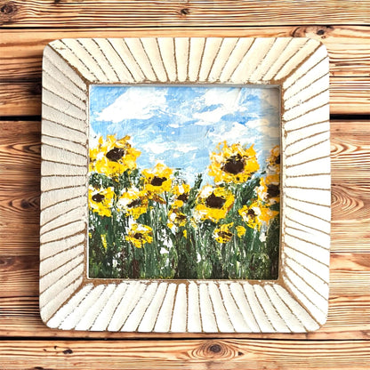 "Morning Light " Original Framed Sunflower Field Painting, 4x4
