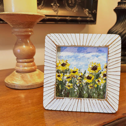 "Morning Light " Original Framed Sunflower Field Painting, 4x4