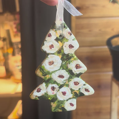 Hand Painted Tree Ornament - White Roses