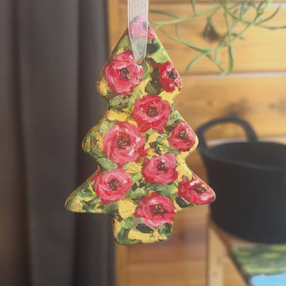 Hand Painted Tree Ornament - Red Roses